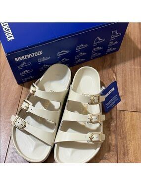 Birkenstock Triple Strap Sandals in Cream with Gold Buckles